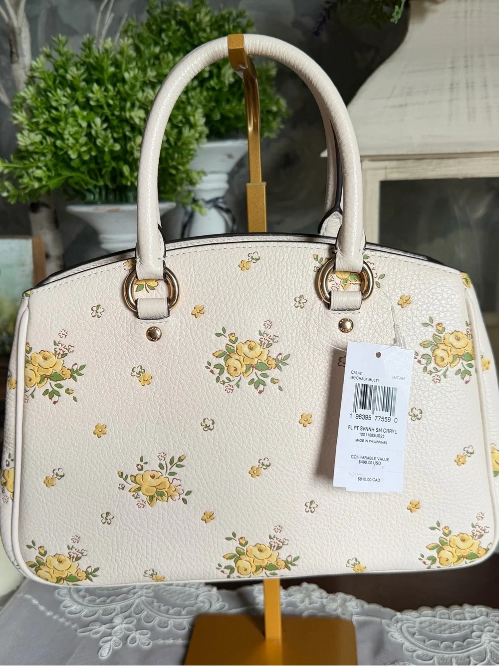 NWT Coach Cream Yellow Leather Floral Savannah Carryall Satchel Purse Handbag